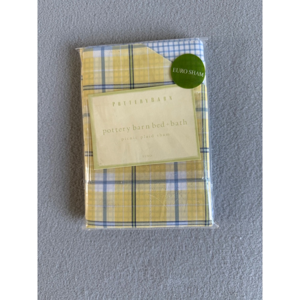 Pottery Barn Picnic Plaid Euro Sham Yellow Blue 100% Cotton Made in Portugal NEW
